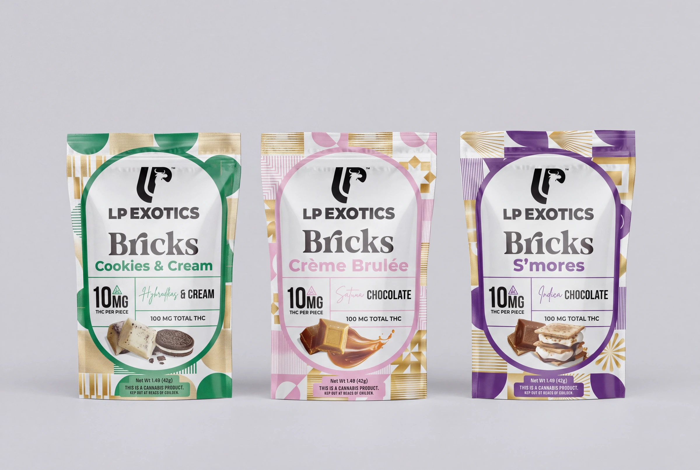 LP Bricks wrappers in green, pink and purple arranged together