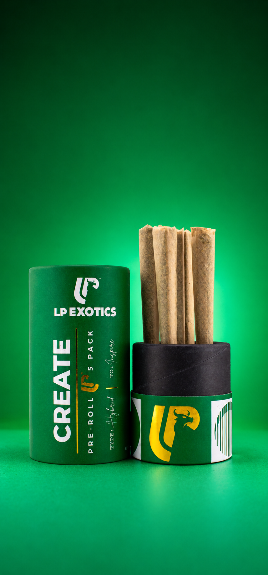 Green LP Create Hybrid five-pack with its detached lid and five pre-rolls against a matching green studio backdrop