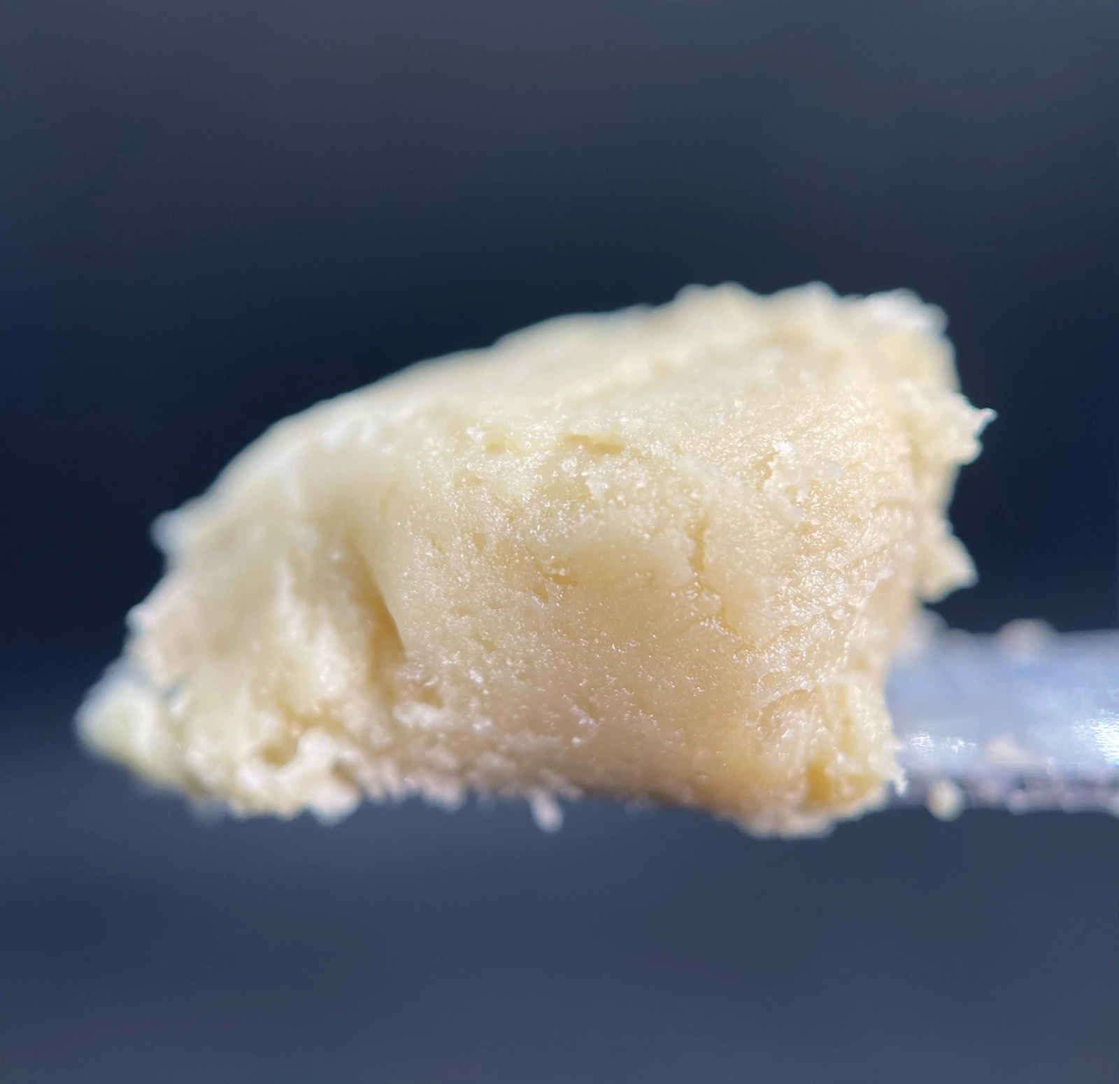 Macro photograph of pale golden concentrate with fine texture on a metal tool against a dark blue background